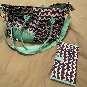 Black, White and Mint wave pattern diaper bag with changing pad